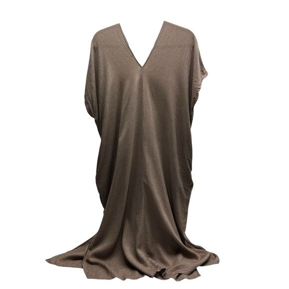 Neuflora Women's Linen Blend Midi Dress Size Small Taupe V Neck Pockets - Picture 6 of 12